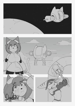 anthro clenched_teeth clothing duo eyewear eyewear_on_head female fur gloves goggles goggles_on_head handwear male markings planet robotic_arm space spacecraft standing striped_body striped_fur striped_markings stripes tail teeth tools vehicle whiskers wrench doggomeatball gameoverse glitch_productions ratchet_and_clank sony_corporation sony_interactive_entertainment kit_bodega ratchet_(ratchet_and_clank) domestic_cat felid feline felis lombax mammal black_and_white comic crossover hi_res monochrome