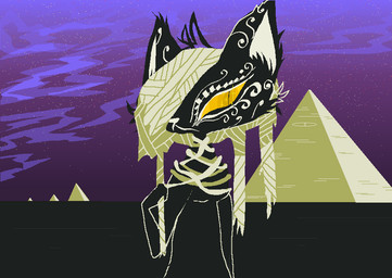 anthro bandage bandaged_head black_body black_fur detailed_background egyptian egyptian_architecture female fur mummy_wrappings night purple_sky pyramid sky solo star yellow_sclera naircat domestic_cat felid feline felis mammal 2017 digital_media_(artwork) microsoft_paint_(artwork)