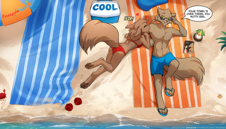 4_toes anthro anthrofied beach bikini bikini_bottom bikini_top breasts brown_body brown_fur brown_tail butt claws clothed clothed_anthro clothed_female clothed_male clothing dialogue digitigrade duo eyes_closed eyewear feet female fingers fluffy fluffy_tail footwear fur furgonomics glasses hair heart_symbol lying male navel on_back on_front outside pawpads paws sand sandals seaside shoes smile speech_bubble sunglasses swimming_trunks swimwear tail text toe_claws toes topless topless_male two-piece_swimsuit water yellow_eyes conditional_dnp tom_fischbach twokinds mrs._nibbly sythe_(twokinds) canid canine canis keidran mammal rodent sciurid tree_squirrel wolf 2025 7:4 digital_drawing_(artwork) digital_media_(artwork) english_text hi_res