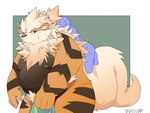 anthro anthrofied belly big_belly black_body blush duo kemono looking_at_viewer male moobs nipples orange_body overweight overweight_male simple_background towel inunoshippo nintendo pokemon arcanine canid canine generation_1_pokemon mammal pokemon_(species) 2024 4:3 hi_res