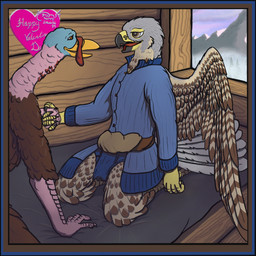 anthro avian_caruncle beak bed black_border blue_briefs blue_clothing blue_underwear border briefs cere_(anatomy) chastity_bulge chastity_cage chastity_device chastity_under_clothing clothed clothing cloud coat duo feathers feet furniture grey_body grey_feathers heart_symbol holidays inside kneeling leaning leaning_forward looking_at_another looking_at_partner male male/male mountain multicolored_body multicolored_eyes multicolored_feathers open_beak open_mouth pink_scutes romantic romantic_couple scuted_arms scutes snood_(anatomy) snow talons tan_body tan_feathers text toes tongue topwear two_tone_body two_tone_eyes two_tone_feathers underwear wearing_chastity_cage wearing_chastity_device window wings wrinkles yellow_scutes tzair_(artist) valentine's_day konarak_(tzair) tzair_(character) avian bird falcon falconid galliform peregrine_falcon phasianid turkey 1:1 2026 digital_drawing_(artwork) digital_media_(artwork) english_text shaded signature