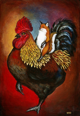avian_caruncle beak biped comb_(anatomy) dewlap_(anatomy) duo feathers female feral head_crest humor male overweight pun riding slightly_chubby straddling tail visual_pun wattle henry_schreiber avian bird canid canine chicken fox galliform mammal phasianid hi_res painting_(artwork) traditional_media_(artwork) warm_colors
