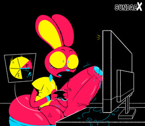 anthro aroused balls big_balls big_butt big_ears big_eyes big_penis black_background blue_bottomwear blue_clothing blue_eyes blue_nose blue_pants blue_tongue blush bodily_fluids bottomwear butt clothed clothing controller dripping electronics erection eyebrows eyelashes femboy fingers full_balls fur furniture game_controller gaming genital_fluids genitals hair huge_balls huge_penis humanoid_genitalia humanoid_penis hyper hyper_balls hyper_genitalia hyper_penis keyboard leaking_precum male monitor open_mouth pants partially_clothed penis pink_body pink_fur precum precum_drip screen shirt shortstack shortstack_male simple_background solo surprised television thick_thighs tongue toony topwear urethra vein veiny_balls veiny_penis wide_hips yellow_clothing yellow_sclera yellow_shirt yellow_topwear sundaebunnyx sundae_(sundaebunnyx) lagomorph leporid mammal rabbit digital_media_(artwork) hi_res
