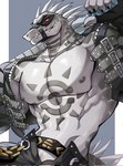 animal_genitalia anthro belt bodily_fluids chung0_0 claws clothed clothing crocodile crocodilian crocodylid daylon_(dislyte) dislyte fangs genital_slit genitals hi_res holding_object holding_weapon lilith_games male mask mouth_strap muscular muscular_anthro muscular_male partially_clothed pecs red_eyes reptile scalie sobek solo spikes sweat tattoo teeth weapon weapon_on_shoulder
