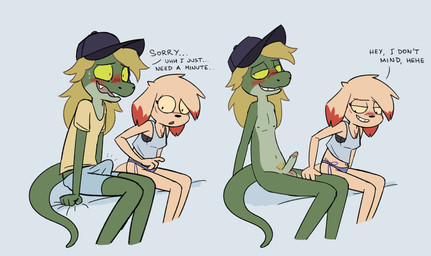 anthro aroused balls blush bulge clothing dialogue embarrassed embarrassed_male erection flirting genitals grin highlights_(coloring) humanoid_genitalia humanoid_penis nipples nude_male penis pubes red_highlights sitting smile text undressing seabaskspice luna_(seabaskspice) canid canine canis domestic_dog mammal reptile scalie 2025 digital_media_(artwork) english_text hi_res