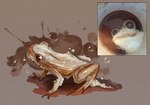 ambiguous_gender beverage bubble coffee feral food latte_art quadruped reference_image solo rappenem amphibian food_creature frog hi_res