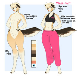 anthro barefoot black_text blonde_hair blue_eyes bottomwear bra brown_tail clothed clothed_anthro clothed_female clothing color_swatch countershade_face countershade_fur countershade_torso countershading crop_top expressionless feet female female_anthro floppy_ears folded_ears fully_clothed fully_clothed_anthro fully_clothed_female fur genitals hair hindpaw humanoid_genitalia humanoid_vulva mastectomy_scar mouth_closed navel nude nude_anthro nude_female pants paws pink_bottomwear pink_clothing pink_pants pink_text scar shirt short_hair sports_bra standing sweatpants tail tan_body tan_countershading tan_fur tan_tail text tomboy topwear underwear vulva yellow_body yellow_fur sweetburn diana_mutt_(sweetburn) canid canine canis domestic_dog mammal 2024 character_name dated digital_drawing_(artwork) digital_media_(artwork) english_text hi_res model_sheet