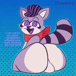 anthro backsack balls big_butt butt conductor_hat dialogue genitals huge_butt inviting looking_at_viewer looking_back looking_back_at_viewer male markings narrowed_eyes open_mouth purple_eyes sitting smile solo striped_markings striped_tail stripes tail tail_markings teapot_(body_type) text thick_thighs toony wide_hips tunemon indigo_park rambley_raccoon mammal procyonid raccoon absurd_res hi_res