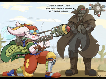 aiming aiming_weapon anthro armor belt biceps body_armor bomb boots bottomwear cactus cheek_tuft clothed clothing cloud coat command desert dialogue duo explosives eyewear eyewear_on_head facial_tuft footwear fully_clothed fur gas_mask goggles goggles_on_head green_clothing green_topwear headgear helmet holding_object holding_weapon holowear_(pokemon) knee_pads kneeling long_ears male mask military_uniform mini_nuke motion_lines muscular muscular_anthro muscular_male ncr_ranger_(fallout) new_california_republic new_vegas one_eye_closed outside pants plant shoes shooting sky text tongue tongue_out topwear tuft uniform weapon white_body white_fur meeart117 fallout microsoft nintendo pokemon pokemon_unite neo_guardian_style_cinderace cinderace generation_1_pokemon generation_8_pokemon human magnemite mammal pokemon_(species) 2026 4:3 english_text hi_res