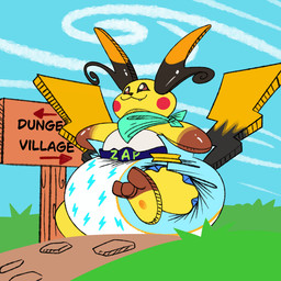 2_tails 3_toes ambiguous_gender anthro big_diaper black_ears black_tail blush blush_stickers brown_body brown_nose clean_diaper clothed clothing curling_toes detailed_background diaper dipstick_ears directional_arrow ear_markings featureless_hands feet gloves_(marking) grass green_kerchief green_neckerchief huge_diaper kerchief lightning_bolt low-angle_view markings multi_tail multicolored_body multicolored_ears neckerchief neckwear orange_ear_tips orange_tail path pattern_diaper plant sign sky smile snaggle_tooth soles solo tail tan_body text text_on_diaper toeless_(marking) toes two_tone_ears two_tone_tail walking wearing_diaper wood wood_sign yellow_body srbunny649 nintendo pokemon pokemon_mystery_dungeon spike_chunsoft pants_(babypants666) generation_9_pokemon mega_evolution mega_raichu mega_raichu_x pokemon_(species) 1:1 english_text hi_res