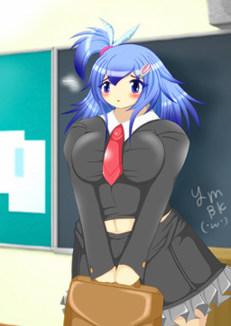 big_breasts blue_eyes blue_hair blush bottomwear breasts chalkboard classroom clothing female hair human_only information_board inside not_furry school school_uniform skirt solo student uniform ymbk oodori_suzu_(ymbk) human mammal 2010