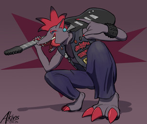 abstract_background anthro band_accessory battle_jacket battle_vest black_body black_fur black_hair blue_eyes bottomwear bracelet claws clothed clothing crouching denim denim_bottomwear denim_clothing denim_topwear denim_vest devil_horns_(gesture) dipstick_hair ear_piercing electric_guitar foreshortening fur geometric_background gesture grey_body grey_fur guitar hair hand_gesture jeans jewelry looking_at_viewer male mohawk musical_instrument open_clothing open_mouth open_shirt open_topwear open_vest pants pattern_background piercing plucked_string_instrument purple_background red_claws red_hair sharp_teeth shirt simple_background smile solo star_polygon string_instrument teeth text tongue tongue_out tongue_piercing topwear vest akins nintendo pokemon canid canine generation_5_pokemon mammal pokemon_(species) zoroark 2025 artist_name cel_shading dated digital_drawing_(artwork) digital_media_(artwork) hi_res shaded smaller_version_at_source