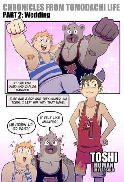anthro armpit_hair body_hair bottomwear brown_body brown_fur brown_hair character_age clothing cute_fangs dialogue duo extended_arm fangs fist fur hair hands_on_hips hands_together happy male nipples open_mouth open_smile orange_hair proud shirt shorts side_hug smile sparkles speech_bubble tank_top teary_eyes teeth text text_box topwear t0l0k carlos_(t0l0k) gabo_(t0l0k) toshi_(t0l0k) human mammal absurd_res character_name comic english_text hi_res