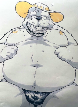 anthro belly big_belly bulge clothing eating food fruit hat headgear headwear humanoid_hands kemono male melon moobs navel nipples overweight overweight_male plant question_mark solo straw_hat underwear watermelon watermelon_slice suishou0602 bear mammal 2022 hi_res