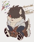 anthro chibi fur grey_body grey_fur hair male pawpads ponytail red_eyes samurai sitting solo warrior meru_2112 lifewonders tokyo_afterschool_summoners shino_(tas) canid canine canis domestic_dog mammal hi_res