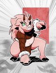 anthro bottomwear clothing eye_patch eyewear female green_eyes hooves horn jacket loincloth pose solo topwear scottyartz the_legend_of_lucy lucy_(legend_of_lucy) domestic_pig mammal suid suina sus_(pig) 2018 hi_res