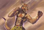 abs anthro armpit_hair body_hair bottomwear chest_hair clothed clothing facial_hair fighting_pose gloves hair handwear happy_trail male mma muscular mustache nipples orange_hair pants pose pubes sideburns simple_background solo suspenders topless rrougarou1 kangaroo macropod mammal marsupial hi_res