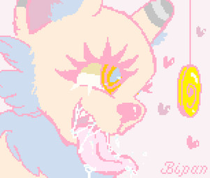 anthro big_ears blue_body blue_fur bodily_fluids coin drooling ear_markings eyelashes fangs female fur grey_body grey_fur heart_symbol hypnotic_eyes inner_ear_fluff long_eyelashes long_tongue markings mind_control neck_tuft pendulum saliva saliva_on_tongue saliva_string sharp_teeth solo spiral spiral_eyes teeth tongue tongue_out tuft yellow_body yellow_fur bipan bipan_f_(bipan) felid lion mammal pantherine