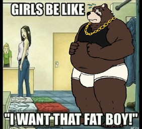 anthro belly blush briefs brown_body brown_fur clothing duo female fur humor jewelry male necklace overweight shirt shitpost tank_top text tighty_whities topwear underwear white_briefs white_clothing white_underwear wave_archive mihoyo zenless_zone_zero ben_bigger bear human mammal draw_over english_text meme