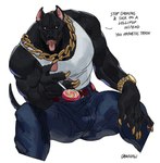 anthro belt belt_buckle biceps big_hands black_body blue_bottomwear blue_clothing bottomwear buckle bulge candy chain chain_necklace claws clock clothing colored_claws colored_nails deltoids denim denim_bottomwear denim_clothing dessert fingerpads food gold_(metal) gold_belt_buckle gold_chain gold_nails gold_watch jeans jewelry lollipop looking_at_viewer male muscular muscular_male nails necklace open_mouth pants pawpads pecs shirt simple_background sitting solo spread_legs spreading tail talking_to_viewer tank_top text thick_thighs tongue tongue_out topwear watch white_background white_clothing white_eyes white_topwear bwusagi canid canine canis domestic_dog mammal pit_bull english_text signature