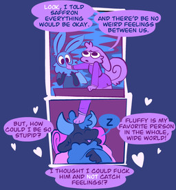 anthro blep dialogue female finger_to_mouth headpat heart_symbol male profanity shush sleeping smile speech_bubble text tongue tongue_out vanilla_candy unicorn_blood_(comic) bean_(vanilla_candy) saffron_(unicorn_blood) tulip_(unicorn_blood) arthropod bovid caprine insect lagomorph lepidopteran mammal moth sheep comic english_text hi_res restricted_palette