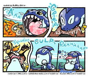 abdominal_bulge anthro bared_teeth belly big_head big_tongue bite blue_body bodily_fluids brown_body bubble burping duo feral fire green_eyes licking male mouth_shot neck_bulge onomatopoeia open_mouth pawpads paws saliva seaside sound_effects struggling struggling_prey swallowing swallowing_sound_effect teeth teeth_showing text throat tongue tongue_out vore water yellow_eyes blizzate rivals_of_aether orcane zetterburn aquatic canid canine cetacean dolphin elemental_creature felid fire_creature lion mammal oceanic_dolphin orca pantherine toothed_whale water_creature comic