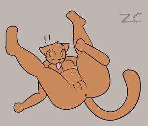 anthro anus belly blush blush_lines breasts female flexible fur genitals navel nude nude_anthro nude_female orange_body orange_fur simple_background solo surprised tongue tongue_out vulva yellow_eyes zerocloak domestic_cat felid feline felis mammal hi_res