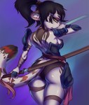 anthro armor bandage black_hair breasts butt female fur green_eyes hair holding_katana holding_melee_weapon holding_object holding_sword holding_weapon inner_ear_fluff katana markings melee_weapon ponytail scabbard solo striped_markings striped_tail stripes sword tail tail_markings tuft weapon white_body white_fur prisma6 felid mammal pantherine tiger hi_res