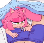 5_fingers anthro bed bed_sheet bedding black_nose blue_bottomwear blue_clothing blue_shorts blush blush_lines bottomwear bulge bulge_fondling bulge_rubbing clothing eyelashes female female_on_human fingers first_person_view fur furniture green_eyes half-closed_eyes human_on_anthro interspecies larger_human larger_male looking_at_bulge male male/female male_on_anthro narrowed_eyes navel pink_body pink_fur playing_with_penis shorts size_difference smaller_anthro smaller_female under_covers elgato17 sega sonic_the_hedgehog_(series) amy_rose eulipotyphlan hedgehog human mammal hi_res