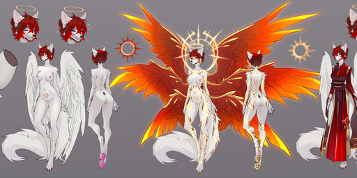 angry anthro blep bodily_fluids cleric clothing content crying divinity expressions feathered_wings feathers female fire genitals glitter golden_markings halo melee_weapon orange_wings purple_mouth purple_tongue rapier red_wings robe solo sparkles sword tattoo tears tongue tongue_out vulva weapon white_wings wings womb_tattoo khomche kazumi_caelamor kira_sher angel deity hybrid seraph_(angel) absurd_res hi_res model_sheet