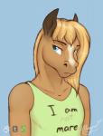 2017 anthro blonde_hair blue_eyes clothed clothing digital_media_(artwork) english_text equid equine fur golden_wing hair hi_res horse looking_at_viewer male mammal multicolored_body multicolored_fur portrait reaper3d shirt simple_background solo tank_top text text_on_clothing text_on_shirt text_on_tank_top text_on_topwear topwear