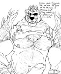 anthro armor bear big_penis bodily_fluids body_hair chest_hair degradation dialogue drooling english_text erection genitals harness hi_res looking_at_viewer male mammal melee_weapon monochrome nipples penis saliva simonsbathtub sketch solo story story_in_description text thick_penis warrior weapon