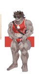 biceps big_muscles brown_body brown_fur clothed clothing eyewear fur glasses horn male muscular simple_background solo swimwear gao_53937056 lifewonders tokyo_afterschool_summoners catoblepas_(tas) mammal hi_res