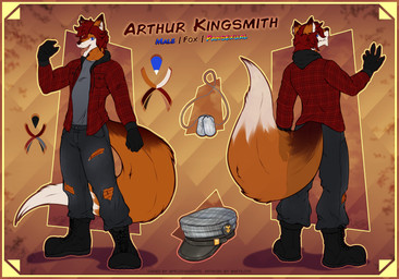 anthro blue_eyes boots bottomwear chin_tuft clothed clothed_anthro clothed_male clothing denim denim_bottomwear denim_clothing dog_tags facial_tuft fluffy fluffy_tail footwear fur gloves hair handwear hat headgear headwear jeans legwear male multicolored_body multicolored_fur orange_body orange_fur pants pawpads plantigrade plantigrade_pawpads red_hair shirt shoes tail teeth tongue tongue_out topwear torn_bottomwear torn_clothing torn_jeans torn_legwear torn_pants tuft aktiloth canid canine fox mammal absurd_res hi_res model_sheet