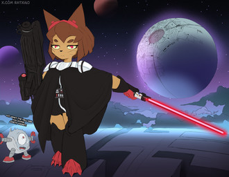 anthro brown_hair cosplay crossover_cosplay death_star female female_anthro hair holding_lightsaber lightsaber machine melee_weapon red_lightsaber solo tan_body text weapon whiskers ratxiao gameoverse glitch_productions star_wars darth_vader kaboodle_(gameoverse) kit_bodega domestic_cat felid feline felis mammal robot crossover