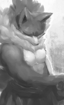 abs abstract_background anthro black_nose clothed clothing eyes_closed fluffy fur grey_body grey_ears grey_fur male solo topless topless_male white_body white_fur hasukii canid canine canis mammal wolf character_request hi_res monochrome