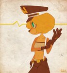 anthro blonde_hair clothed clothing female gloves green_eyes hair handwear hat headgear headwear military military_cap military_uniform orange_body simple_background solo standing suspenders underwear uniform shugariosa activision crash_bandicoot_(series) coco_bandicoot bandicoot mammal marsupial digital_media_(artwork) hi_res