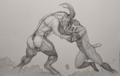 abs anthro backsack balls bodypaint butt casual_nudity clenched_teeth duo dust_cloud face_paint fight genitals grappling head_to_head hooves horn humanoid_genitalia humanoid_penis lemon_testicles male muscular muscular_anthro muscular_male nude open_mouth penis scut_tail short_tail size_difference tail teeth unguligrade wrestling brazato brazato_of_saldara badger bovid caprine european_badger goat ibex mammal meles mustelid musteline pyrenean_ibex recently_extinct_species hi_res traditional_media_(artwork)