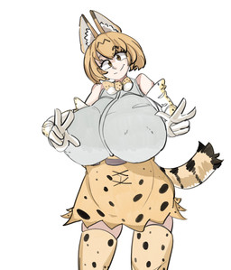 animal_ears big_breasts blonde_hair bow_tie breasts clothing dress female gesture hair hand_gesture huge_breasts inner_ear_fluff legwear markings simple_background smile solo spots spotted_markings stockings tail tuft v_sign white_background robotic_alien_dude kemono_friends serval-chan animal_humanoid felid felid_humanoid feline feline_humanoid humanoid mammal mammal_humanoid serval 2025 digital_drawing_(artwork) digital_media_(artwork) hi_res