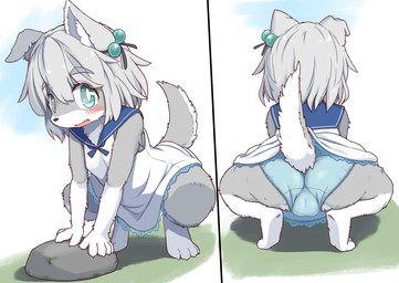 4_toes anthro barefoot biped blush butt camel_toe claws clothing countershade_fur countershading crouching digitigrade dress eyebrow_through_hair eyebrows feet female front_view fur gloves_(marking) green_eyes grey_body grey_fur hair hair_between_eyes inconvenient_tail inner_ear_fluff kemono leaning leaning_forward leg_markings loli looking_at_viewer markings multicolored_body multicolored_fur multiple_angles open_mouth open_smile paws pupils raised_tail rear_view ribbons short_hair shota smile socks_(marking) solo tail toe_claws toes translucent translucent_hair tuft two_tone_body two_tone_fur underwear white_body white_fur white_pupils young young_female koorinezumi canid canine canis mammal wolf hi_res