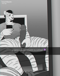 anthro balls big_penis black_hair bottomless bottomless_anthro bottomless_male bottomwear bottomwear_down circumcised circumcision_scar clothed clothing erection facial_hair footwear fur genital_scar genitals goatee hair holding_balls humanoid_genitalia humanoid_penis looking_at_viewer male male_anthro mirror_selfie pants pants_around_ankles pants_down partially_clothed penis scar selfie shirt smile socks solo spread_legs spreading striped_body striped_fur stripes teeth text topwear homogenousrule snapchat thesiggy felid mammal pantherine tiger 2024 english_text hi_res