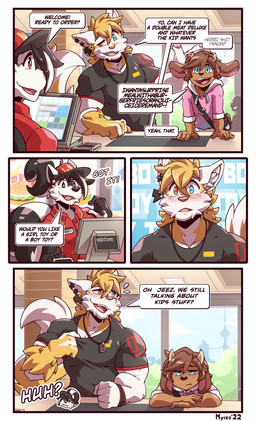 4_panel_comic ambiguous_gender anthro blush bodily_fluids border looking_away male piercing pulling_shirt sweat myiko mcdonald's bai-f0 waltt bovid caprine domestic_cat felid feline felis goat mammal absurd_res comic hi_res signature