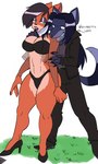 2022 absurd_res anthro bandicoot belt biped black_hair black_lips black_nails black_nose blue_body blue_claws blue_ears blue_eyes blue_fur blue_tail boots bottomwear bra breasts canid canine claws cleavage clothed clothing colored_nails dialogue digital_media_(artwork) duo english_text eyebrows eyelashes female finger_claws fingers footwear fully_clothed fur gothmeup grass hair helga_(amityhoers) hi_res high_heels holding_knife holding_object jacket knife lips long_hair male mammal marsupial multicolored_body multicolored_fur multicolored_tail nails navel orange_body orange_ears orange_fur panties pants plant ring serleena_(men_in_black) serleena_bandicoot shirt shoes short_hair simple_background standing tail tan_body tan_fur teeth text thick_thighs topwear two_tone_body two_tone_fur underwear white_background