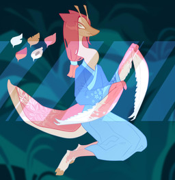 abstract_background antennae_(anatomy) anthro blue_clothing clothed clothing color_swatch female hair long_hair long_neck mantis_arms mouth_closed orange_antennae orange_body red_body red_hair solo unsigned corzh77 arthropod insect mantis absurd_res full-length_portrait hi_res portrait