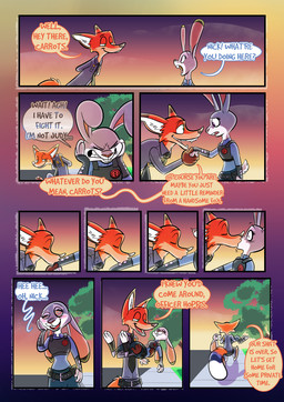 after_transformation anthro badge belt clothing dialogue duo female fur grey_body grey_fur hypnosis kissing knee_pads male mind_control police romantic romantic_ambiance sunset text toeless_legwear toony uniform trevor-fox disney zootopia judy_hopps nick_wilde trevor-fox_(character) canid canine european_rabbit fox lagomorph leporid mammal oryctolagus rabbit red_fox true_fox 2019 comic english_text hi_res