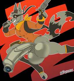 4_fingers action_pose ankle_socks anthro athletic athletic_anthro athletic_male balls belt_buckle big_balls big_penis black_glans black_nose bowler_hat buckle button_(fastener) cigarette clothed clothing eyemask eyewear facial_tuft feet fingers footwear foreskin fur furry_tail genitals glans gloves grey_balls grey_body grey_fur grey_penis gun half-erect handgun handwear hat headgear headwear holding_cigarette holding_object holster huge_balls huge_penis hyper hyper_balls hyper_genitalia hyper_penis looking_back male markings mostly_nude nipple_outline orange_clothing orange_shirt orange_topwear pantsless penis pointy_ears pose ranged_weapon red_eyes revolver scarf shirt small_waist smile snout socks solo striped_markings striped_tail stripes tail tail_markings teeth toeless_footwear toeless_socks toes topwear tuft vein veiny_penis vest weapon yellow_scarf rxq sly_cooper_(series) sony_corporation sony_interactive_entertainment sucker_punch_productions tennessee_kid_cooper mammal procyonid raccoon 2026 absurd_res colored dated digital_drawing_(artwork) digital_media_(artwork) hi_res signature