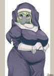 anthro big_breasts blush breasts clothing eyewear female glasses gloves green_eyes green_hair grey_body hair handwear looking_up nun nun_habit nun_outfit religious_clothing slightly_chubby slightly_chubby_female smile solo thick_thighs trunk wide_hips arumo elephant elephantid mammal proboscidean 2020 absurd_res hi_res