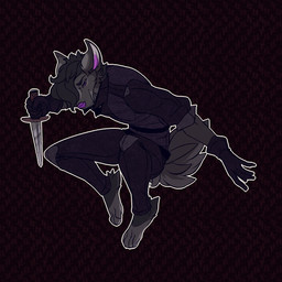 4_toes action_pose anthro biped bottomwear brown_background claws clothed clothing crouching dagger ears_back feet fluffy fluffy_tail fur gloves grey_body grey_clothing grey_fur grey_tail handwear holding_object holding_weapon humanoid_hands jumping looking_down male melee_weapon midair outline pants pattern_background pivoted_ears pose purple_eyes purple_nose shirt simple_background smile smirk smug snout solo spread_arms tail toe_claws toes topwear weapon tanks_(artist) terrus_(terrus_fal113) canid canine canis jackal mammal 2017 dark_theme digital_drawing_(artwork) digital_media_(artwork) full-length_portrait hi_res portrait