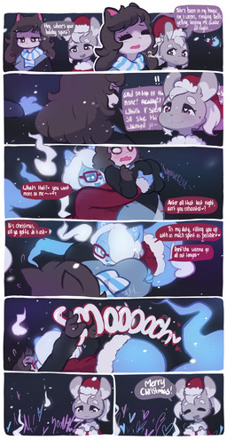 anthro anthro_on_anthro assisted_exposure between_breasts big_breasts black_hair blue_body blue_eyes blue_fur blush bottomless breast_grab breast_squeeze breasts christmas_clothing christmas_headwear clothed clothing compression_sound_effect costume dialogue different_sound_effects element_drop_shadow exclamation_point extended_sound_effect eyes_closed face_in_breasts female female/female fully_clothed fur glowing grey_body grey_fur group hair hand_on_breast hat head_between_breasts headgear headwear heart_eyes heart_symbol holidays hug hugging_another hugging_from_behind kiss_on_lips kissing kissing_sound_effect long_hair looking_at_another looking_at_partner making_out night onomatopoeia open_mouth open_smile outside pink_eyes santa_costume santa_hat scarf smile smooch_(sound_effect) snow snowing sound_effect_variant sound_effects speech_bubble spots squeeze_(sound_effect) squeezing standing tackle text text_drop_shadow tired undressing white_hair eerieviolet christmas callie_(eerieviolet) camryn_(eerieviolet) sierra_(eerieviolet) domestic_cat felid feline felis ghost lagomorph leporid mammal rabbit spirit will-o'-the-wisp 2017 absurd_res comic digital_media_(artwork) english_text hi_res