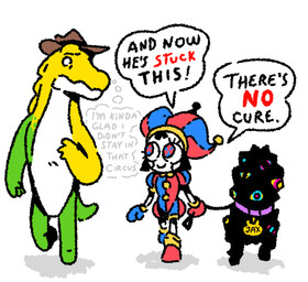 4_fingers anthro candy clothing collar collar_tag cowboy_hat dessert dialogue female feral fingers food fool's_hat green_body group gummy_(food) hand_on_chest hat headgear headwear holding_leash holding_object jester jester_outfit leash leashed_collar looking_at_another male multicolored_eyes pink_collar simple_background smile speech_bubble spoiler text thought_bubble trio walking white_background white_body white_skin worried yellow_body anonymous_artist glitch_productions the_amazing_digital_circus gummigoo_(tadc) jax_(tadc) pomni_(tadc) abstraction_(tadc) crocodile crocodilian food_creature gummy_creature humanoid living_candy reptile scalie